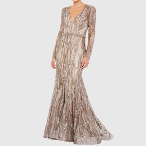 MacDuggal 79358 Taupe Embellished Long Sleeve Plunge Neck Trumpet Gown Size 8